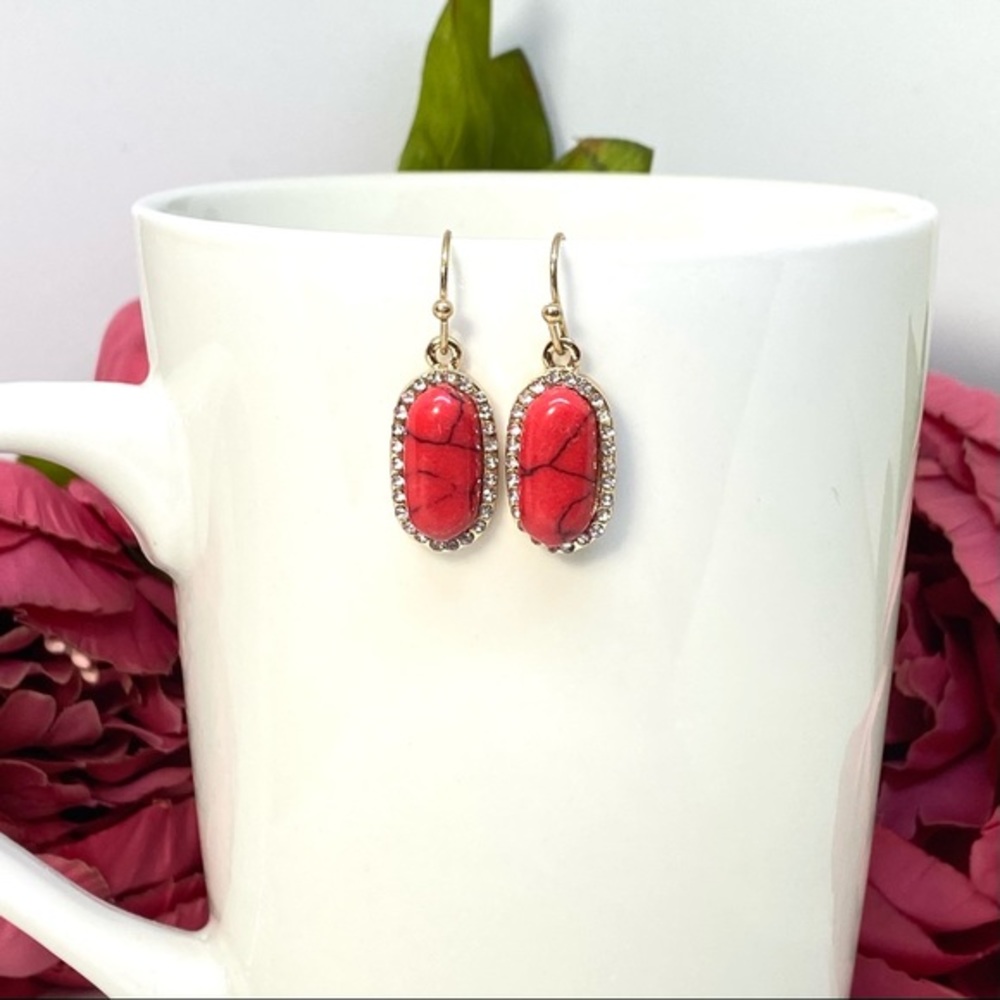 NWT Earrings Coral & Gold Drop Pendant Rhinestone Women